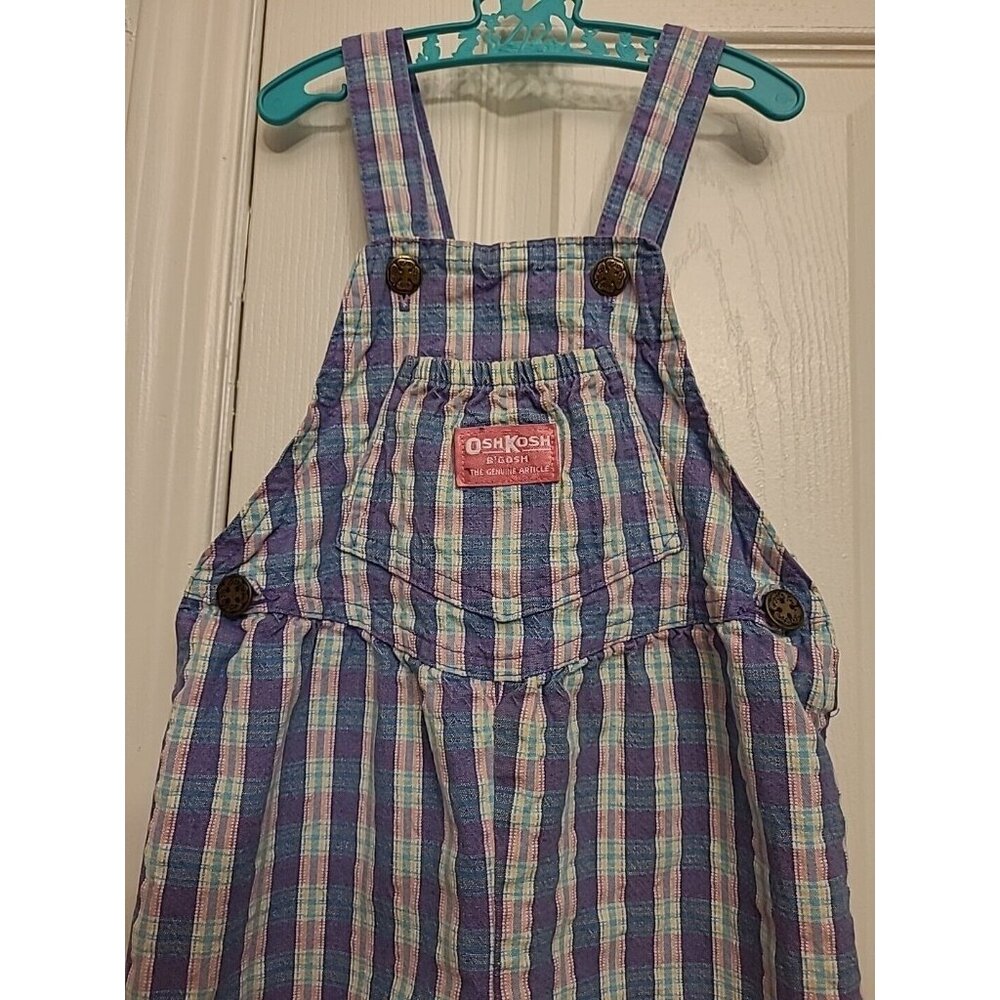 Osh Kosh B’Gosh Vintage Vestbak Pink Purple Plaid Overalls Bubble 4T Romper Deni - Picture 3 of 11
